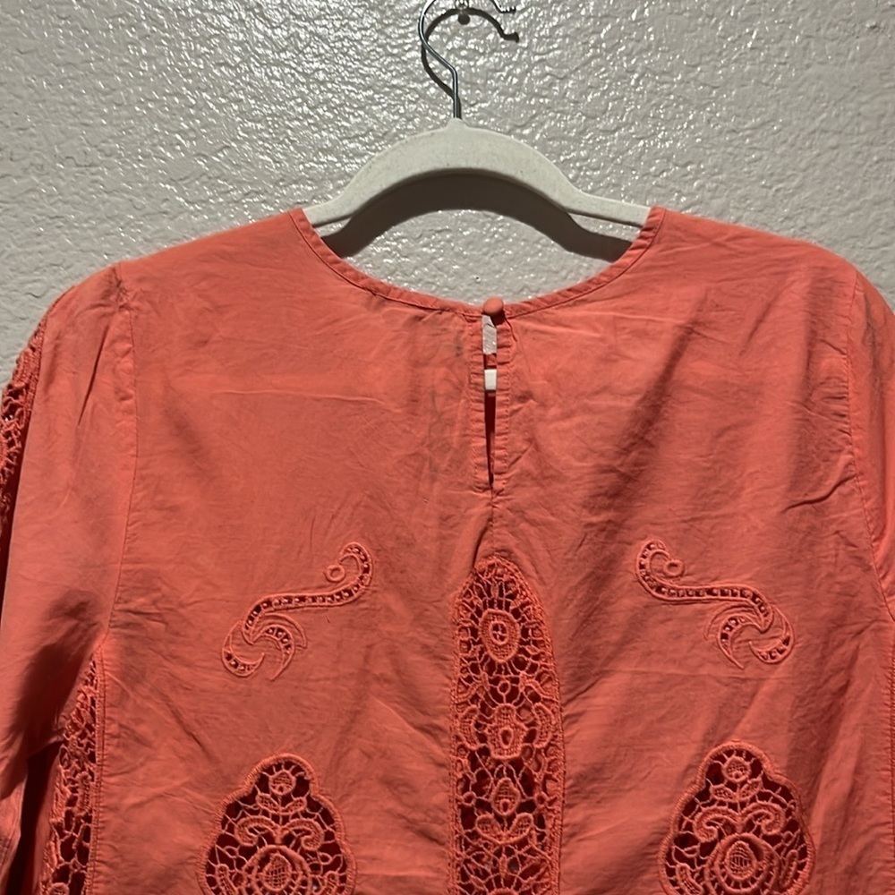 Saint Tropez West Cotton Lace blouse top long sleeve coral pink M Vacay Casual - Picture 7 of 14
